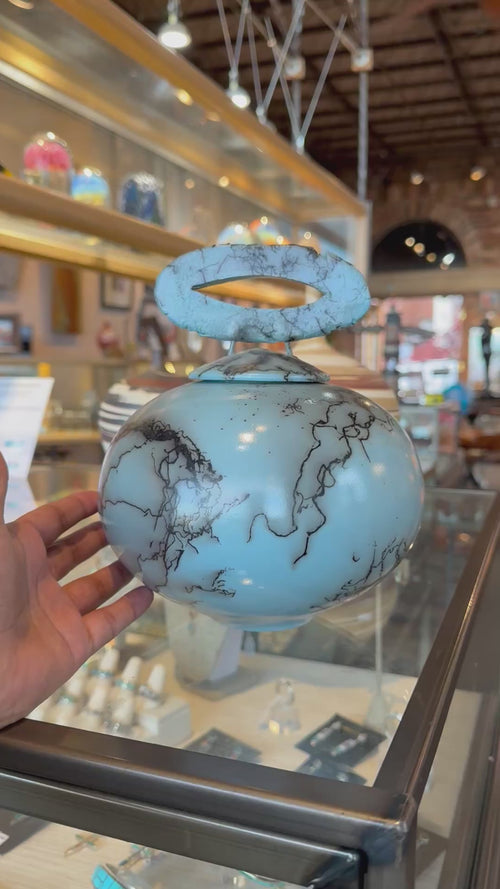 Turquoise Blue Horsehair Pottery Vessel with Loop Handle Lid