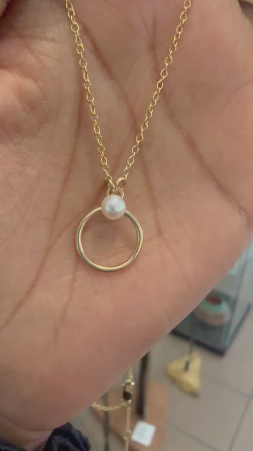 14K Gold Filled Freshwater Pearl Circle Necklace | Minimalist White Pearl Pendant | Adjustable 16–18" Chain