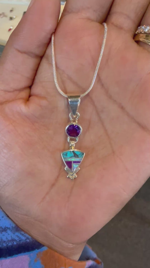 Authentic Navajo Amethyst, Arizona Kingman Turquoise, Sugilite & Cultured Opal Inlay Pendant Necklace