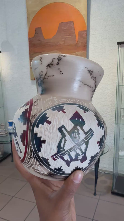 Handmade Navajo Four-Sided Horsehair Pottery Vase by Carla Joe – Eagle, Elk, Turtle & Coyote