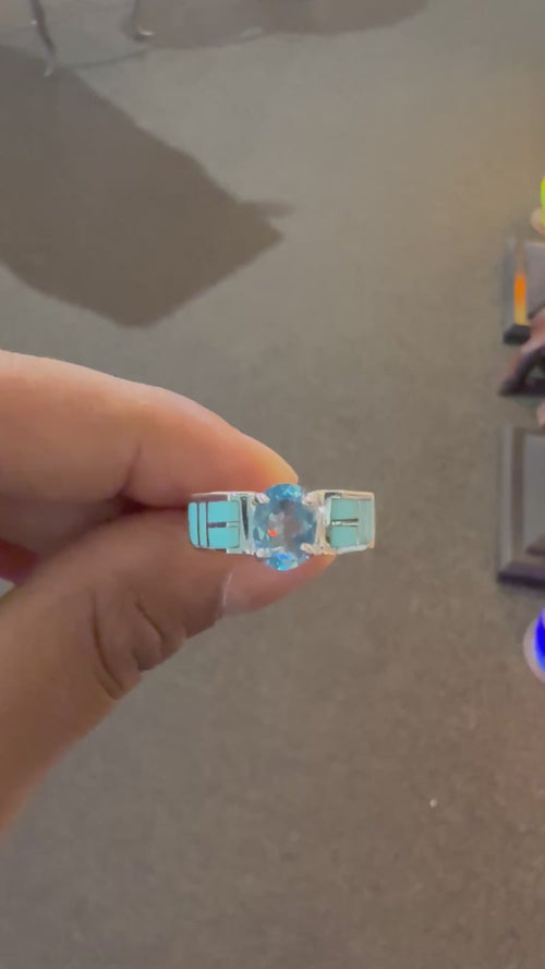 Handmade Navajo Women Ring Kingman Turquoise and Blue Topaz at Raku Gallery Jerome Arizona