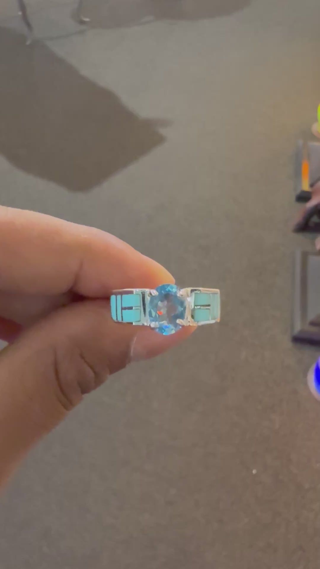 Handmade Navajo Women Ring Kingman Turquoise and Blue Topaz at Raku Gallery Jerome Arizona