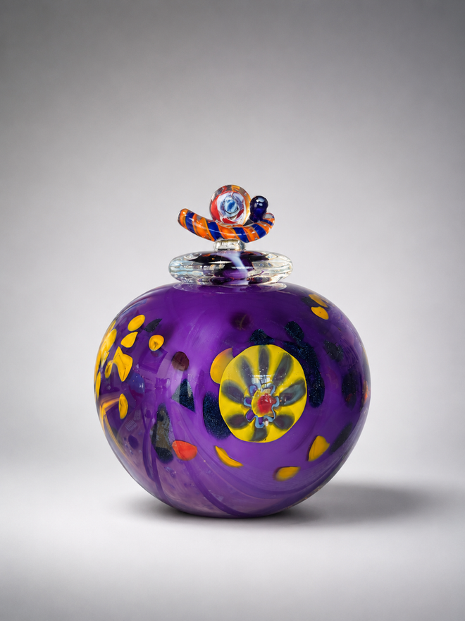 Purple handblown glass lidded vessel by Jon Oaks