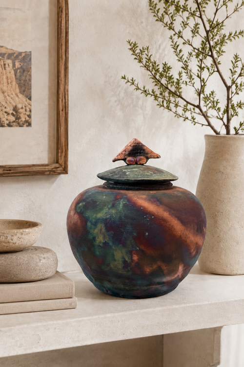 One-of-a-kind raku ceramic vessel displayed as modern Southwestern home decor