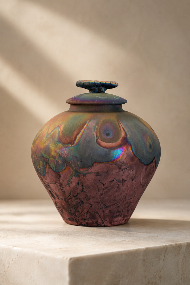 One-of-a-kind raku pot with lid styled as decorative home decor