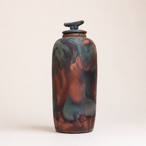 One-of-a-kind Raku pottery with lid handmade in Jerome, Arizona