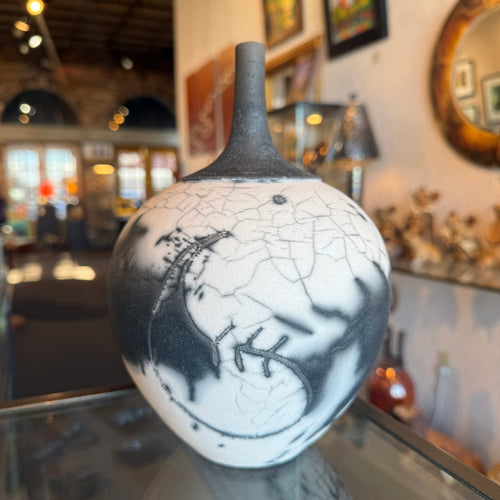 Hand-Made Raku Fired Ceramic Bottle 9×6 — by Sari Green