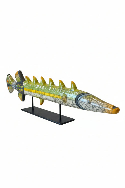 raku fired handmade ceramic fish on metal stand