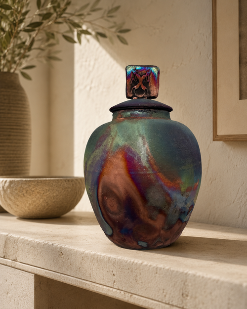 raku raku pot with lid with Kokopelli figure on lid 