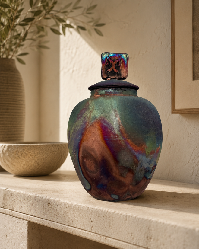 raku raku pot with lid with Kokopelli figure on lid 