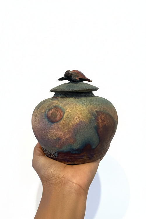 Raku Ceramic Pot with Turtle Lid