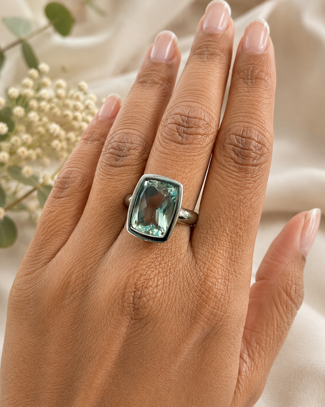 Modern rectangular green amethyst gemstone ring in polished sterling silver with elegant minimalist design