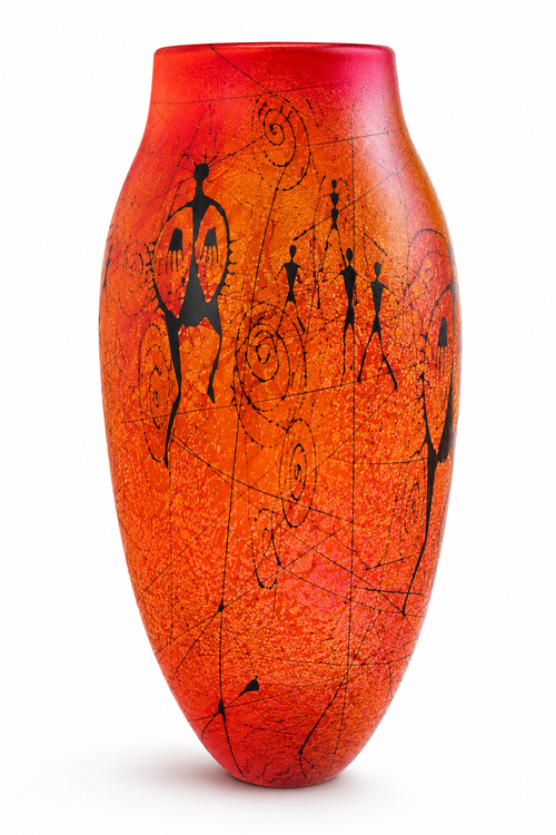 Rick Satava petroglyph blown glass vase with red orange glass and black Southwest-inspired designs.