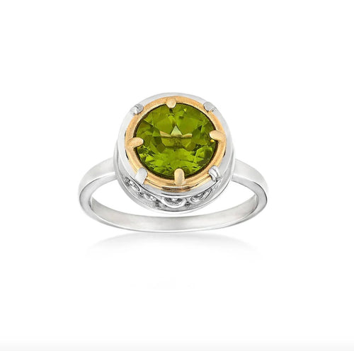 6mm round natural peridot ring in sterling silver with 18k gold vermeil accent, front view.