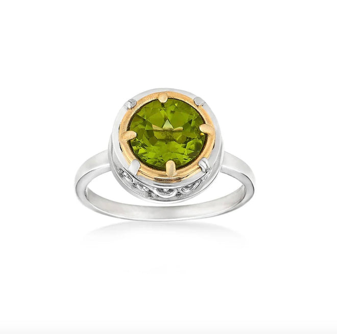 6mm round natural peridot ring in sterling silver with 18k gold vermeil accent, front view.