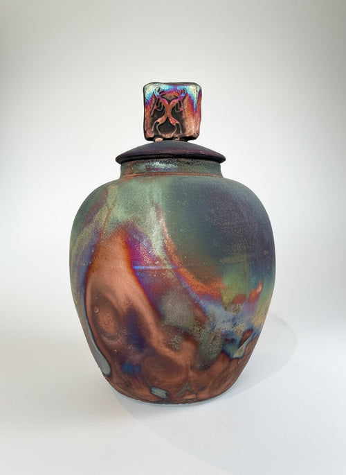 Raku Ceramic Pot with Lid 10-inch Tall