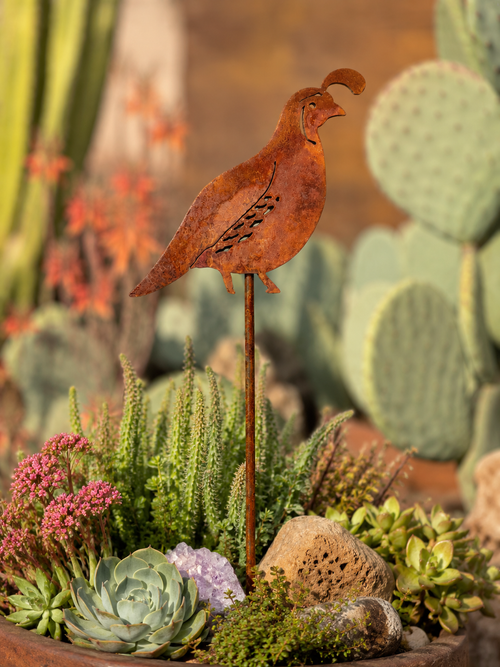Rustic steel quail plant stake for cactus gardens and flower pots