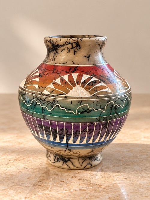 Navajo pottery vase by Samantha Willie with colorful red turquoise purple and blue geometric design
