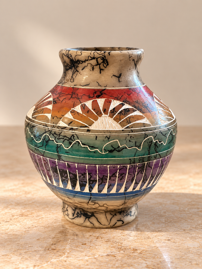 Navajo pottery vase by Samantha Willie with colorful red turquoise purple and blue geometric design