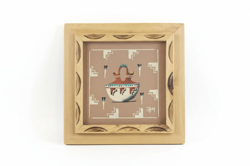 Wedding Vase with Eagle Feather (Sand Painting) by Navajo Artist Ben Mitchell 14x14 (framed)