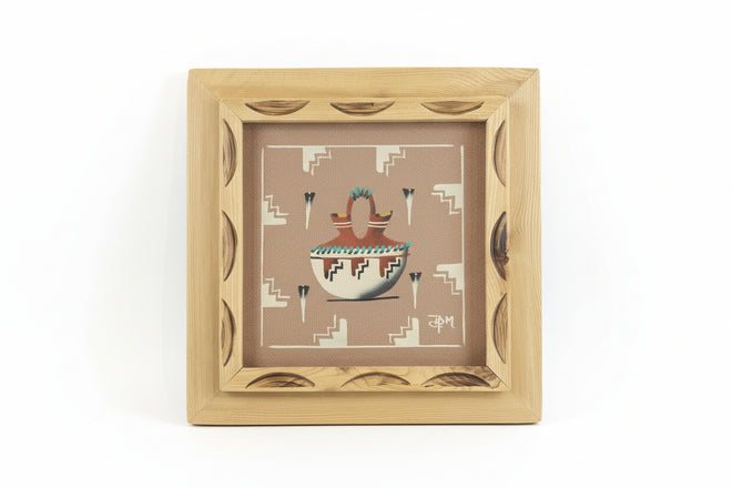 Wedding Vase with Eagle Feather (Sand Painting) by Navajo Artist Ben Mitchell 14x14 (framed)