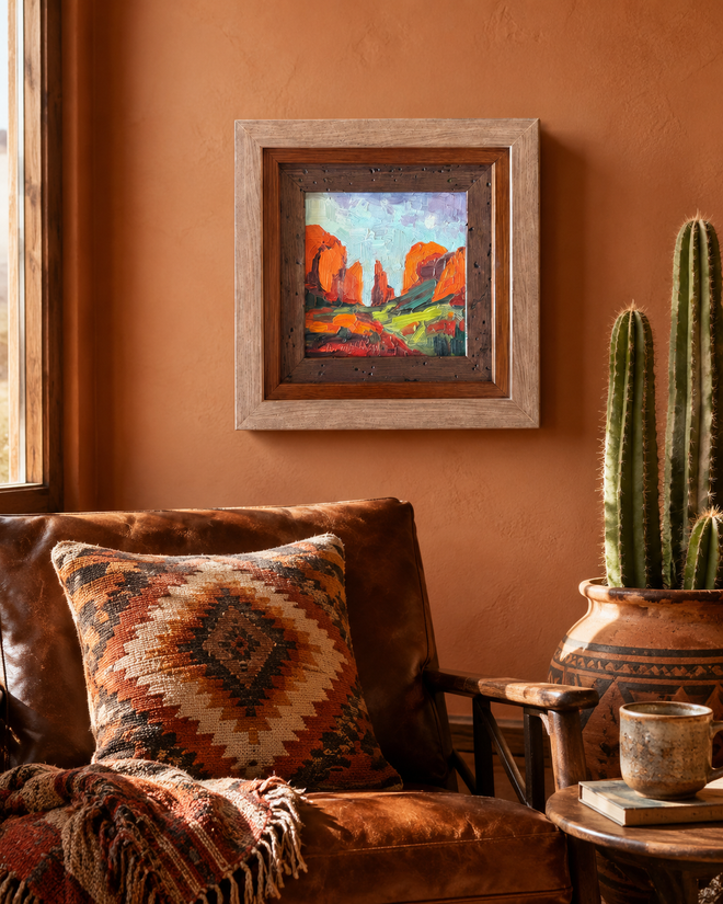 Shy Moon Cathedral Rock Sedona oil painting by Russell Johnson displayed in a warm Southwest style living room, framed original Arizona landscape art from Raku Gallery
