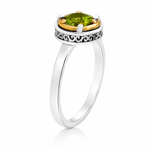 Artisan made two-tone sterling silver ring featuring a round natural peridot gemstone.