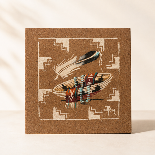 Signed Navajo sand art on board with traditional wedding basket, eagle feather, turquoise accents, and Southwestern earth tones.