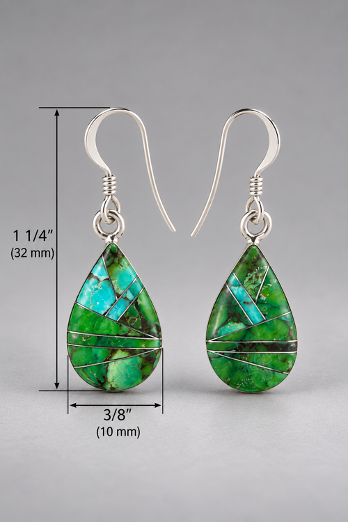 Petite Sonoran Turquoise sterling silver teardrop earrings measuring approximately 1 1/4 inches long and 3/8 inch wide