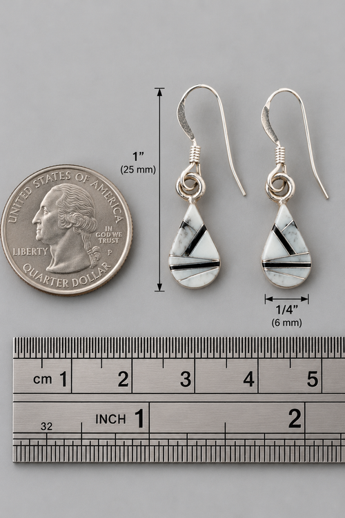 Petite White Buffalo Turquoise and Black Jade earrings shown beside a quarter and ruler, measuring 1 inch long and 1/4 inch wide.