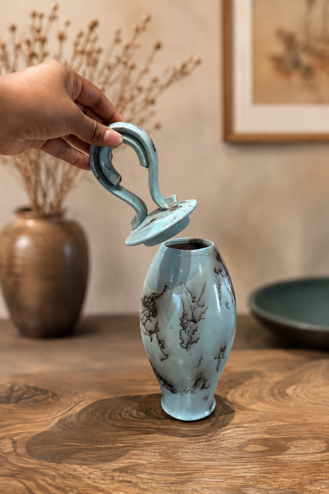 Soft blue horsehair pottery vessel with handmade lid lifted to show the opening