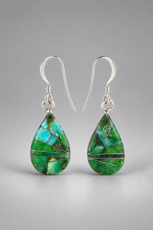 Sonoran green turquoise sterling silver drop earrings with vibrant green and blue stone inlay in a petite teardrop design