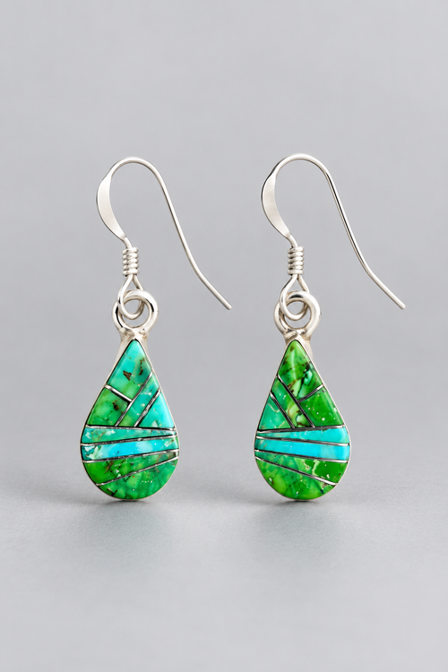 Sonoran turquoise inlay sterling silver drop earrings featuring vibrant green and blue gemstones in a petite geometric design.