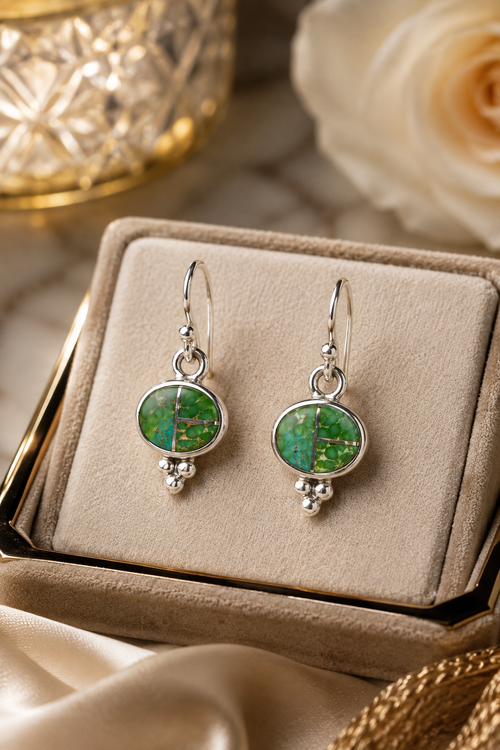Sonoran Turquoise sterling silver earrings displayed in a jewelry box