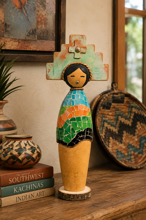 Southwest Kachina doll displayed in a home, handcrafted from a natural gourd with hand-laid mosaic, copper patina, and copper leaf by Arizona artist Julie Hemer.