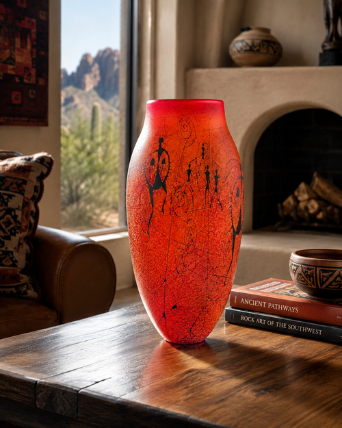Rick Satava blown glass vase displayed in a Southwestern home setting with warm natural light.