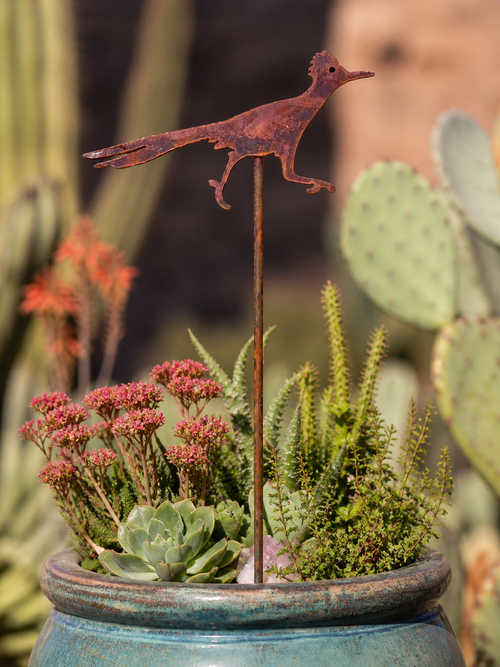 Rustic Roadrunner garden stake displayed in succulent planter pot