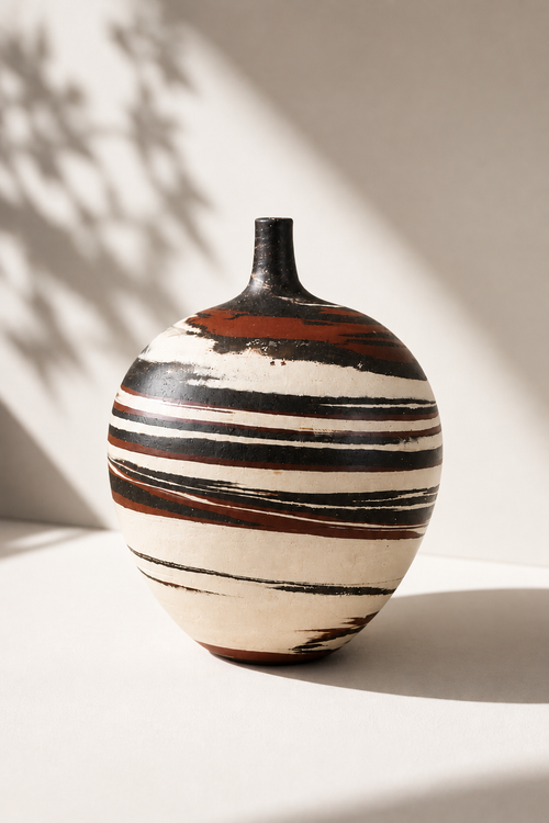 Southwestern Arizona agateware pottery vase with layered white, charcoal and rust clay, available at Raku Gallery