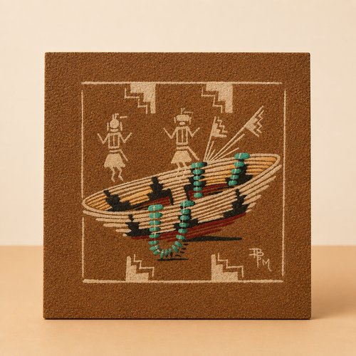 Handmade Navajo sandpainting with wedding basket and Yei figures, ideal for Southwestern home decor and Native American art collections.