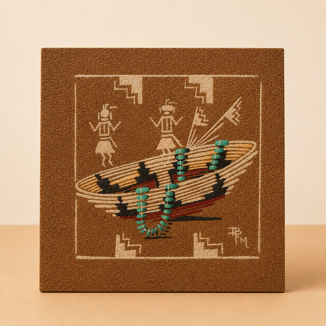 Handmade Navajo sandpainting with wedding basket and Yei figures, ideal for Southwestern home decor and Native American art collections.
