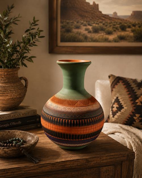 Handmade Navajo pottery styled in a warm Southwestern inspired home interior