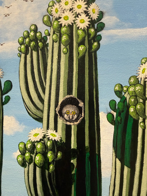 Southwestern acrylic on canvas artwork of a flowering saguaro cactus available at Raku Gallery in Jerome, Arizona.