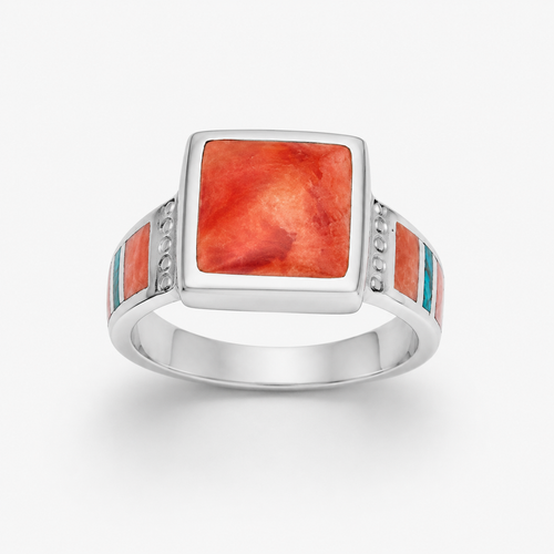Spiny oyster and chrysocolla square ring in 950 sterling silver on a clean white background