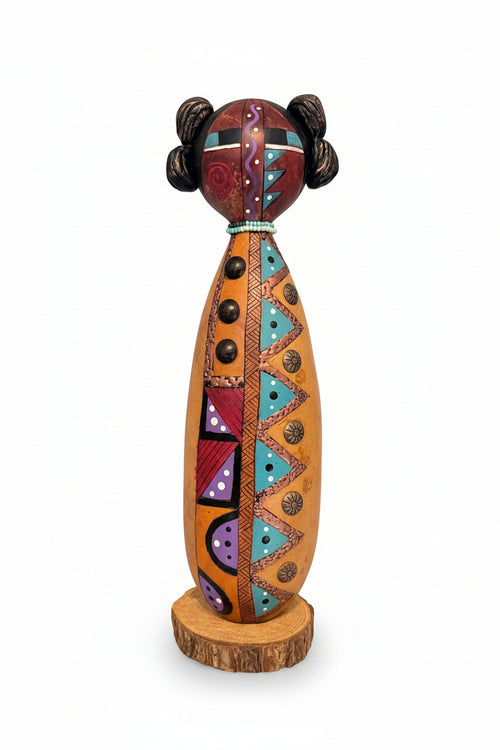 Spirit Girl Kachina wooden sculpture styled as Southwestern home décor with warm natural lighting.
