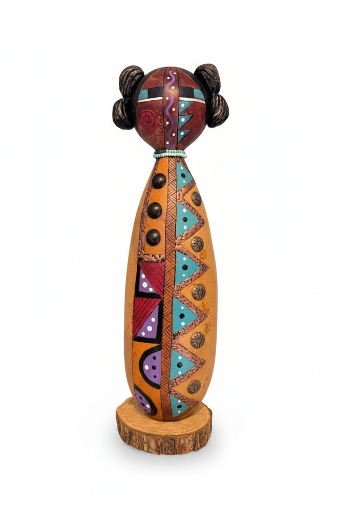 Spirit Girl Kachina wooden sculpture styled as Southwestern home décor with warm natural lighting.