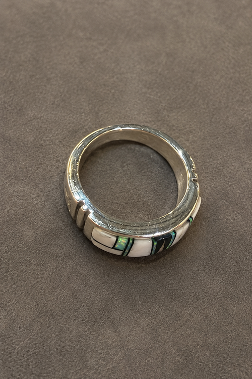 Sterling silver Buffalo turquoise inlay ring with black jade and colorful opal accents