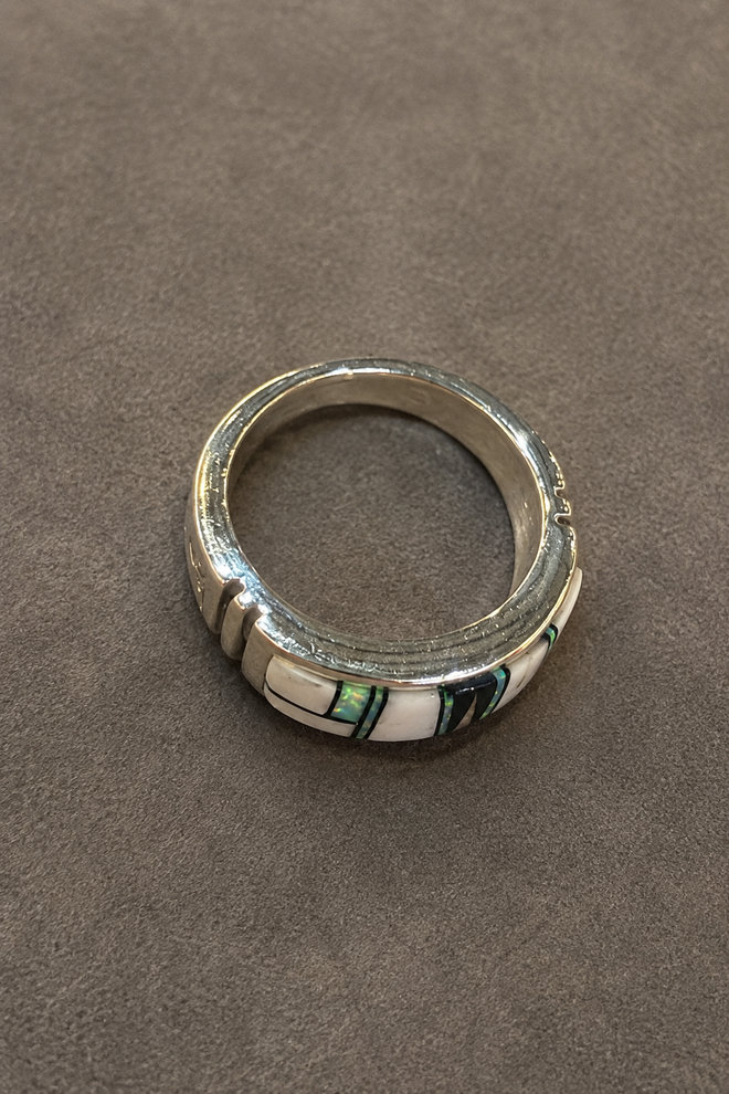 Sterling silver Buffalo turquoise inlay ring with black jade and colorful opal accents