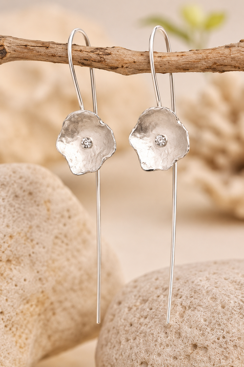 Handcrafted sterling silver flower French hook earrings with 2mm cubic zirconia, modern artisan floral drop earrings for women.