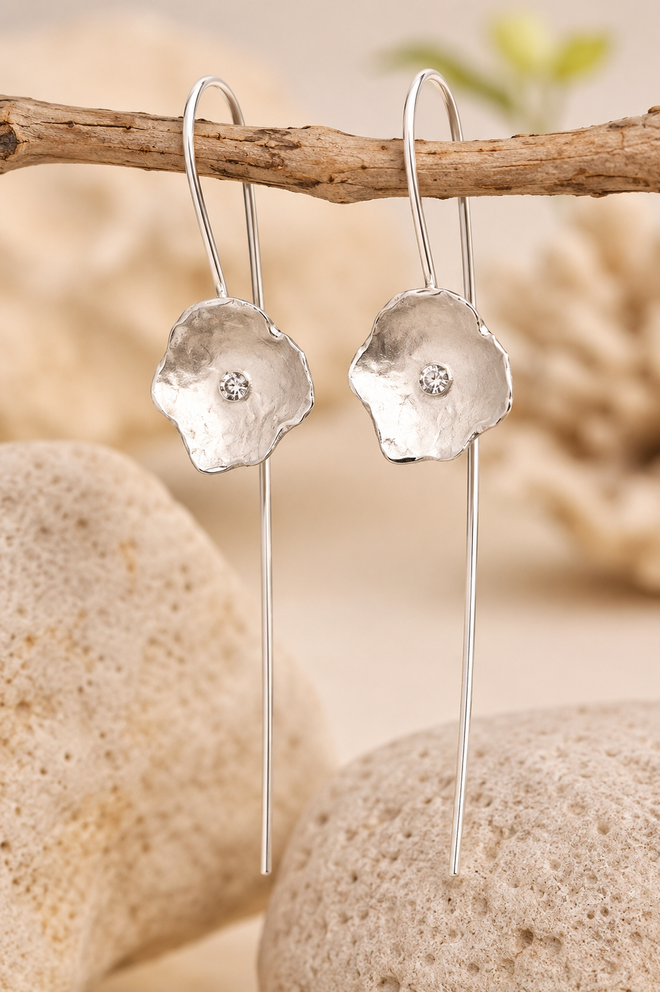 Handcrafted sterling silver flower French hook earrings with 2mm cubic zirconia, modern artisan floral drop earrings for women.
