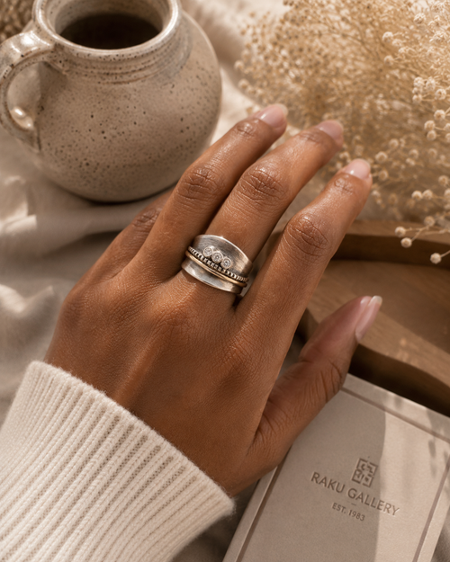 Sterling silver and gold CZ ring shown on hand